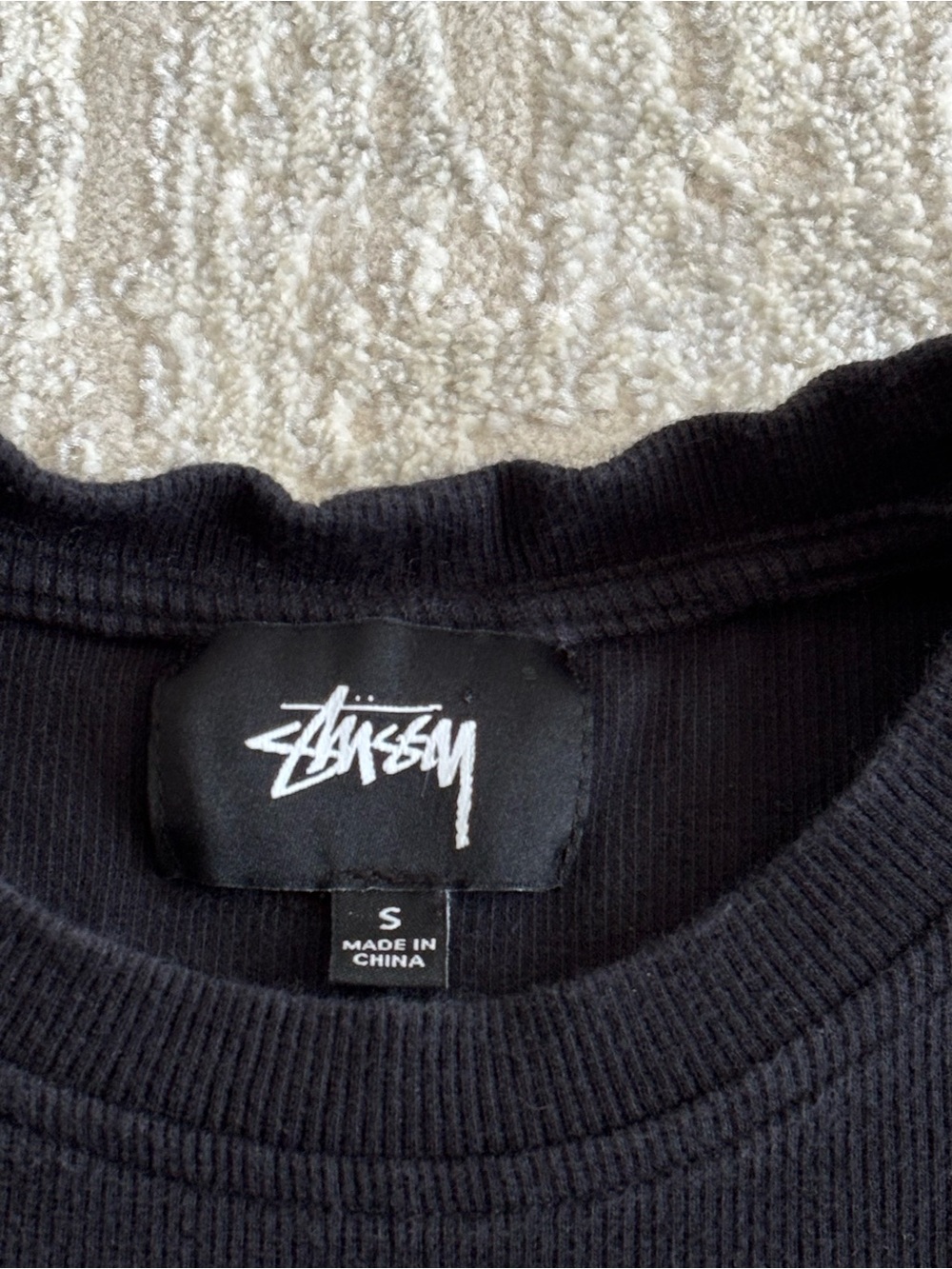 Stussy Womens Ribbed Black Short Sleeve Tee with White Chest Logo - Picture 6 of 7